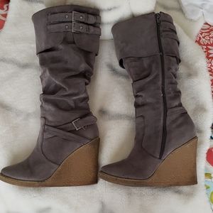 Gray "suede' boots.